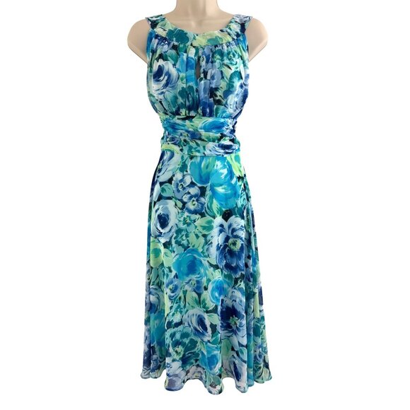 Connected Apparel Blue Green Floral Print Chiffon Midi Dress Size 12 Summer - Picture 1 of 7
